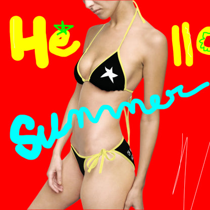 A women wearing OMW Black (Yellow Strap) Bikini at side view - All Over Prints Summer Bikini, Unique fashion tops - Oh Mine Words/ OMW OG! Collection