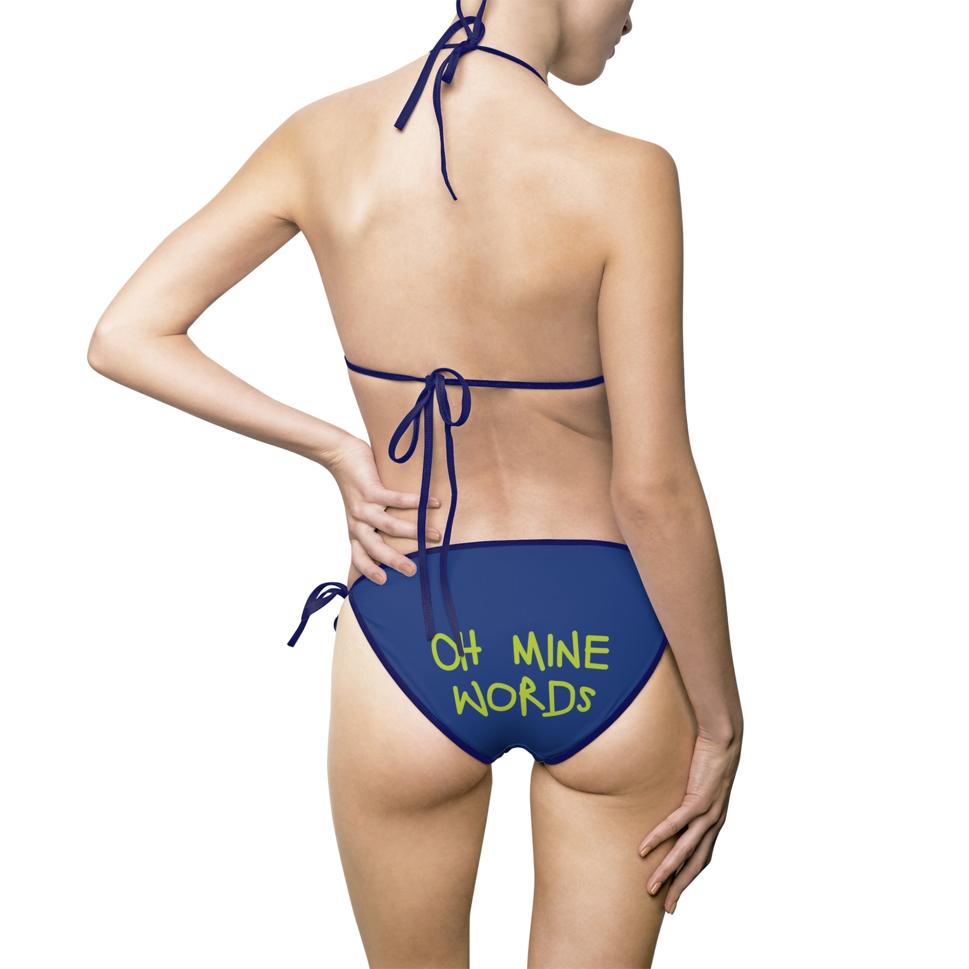A women wearing OMW Navy Blue (Black Strap) Bikini at back view - All Over Prints Summer Bikini, Unique fashion tops - Oh Mine Words/ OMW OG! Collection