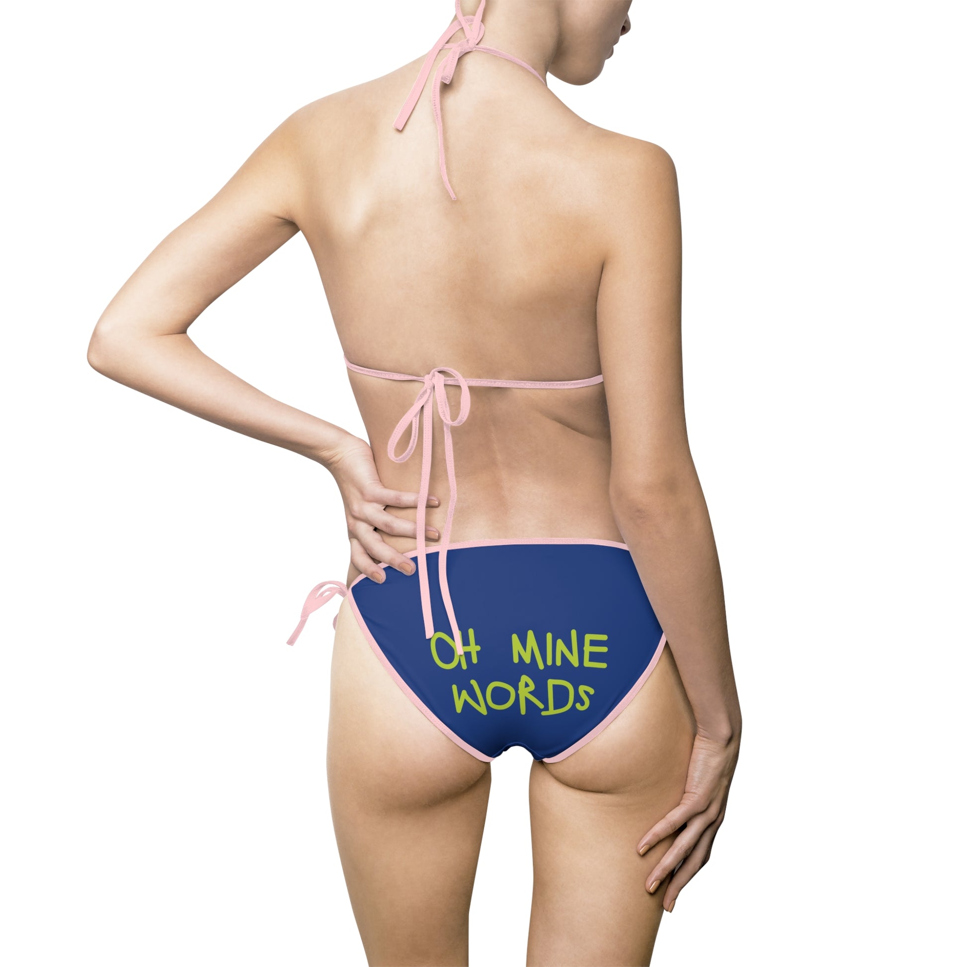A women wearing OMW Navy Blue (Light-Pink Strap) Bikini at back view - All Over Prints Summer Bikini, Unique fashion tops - Oh Mine Words/ OMW OG! Collection