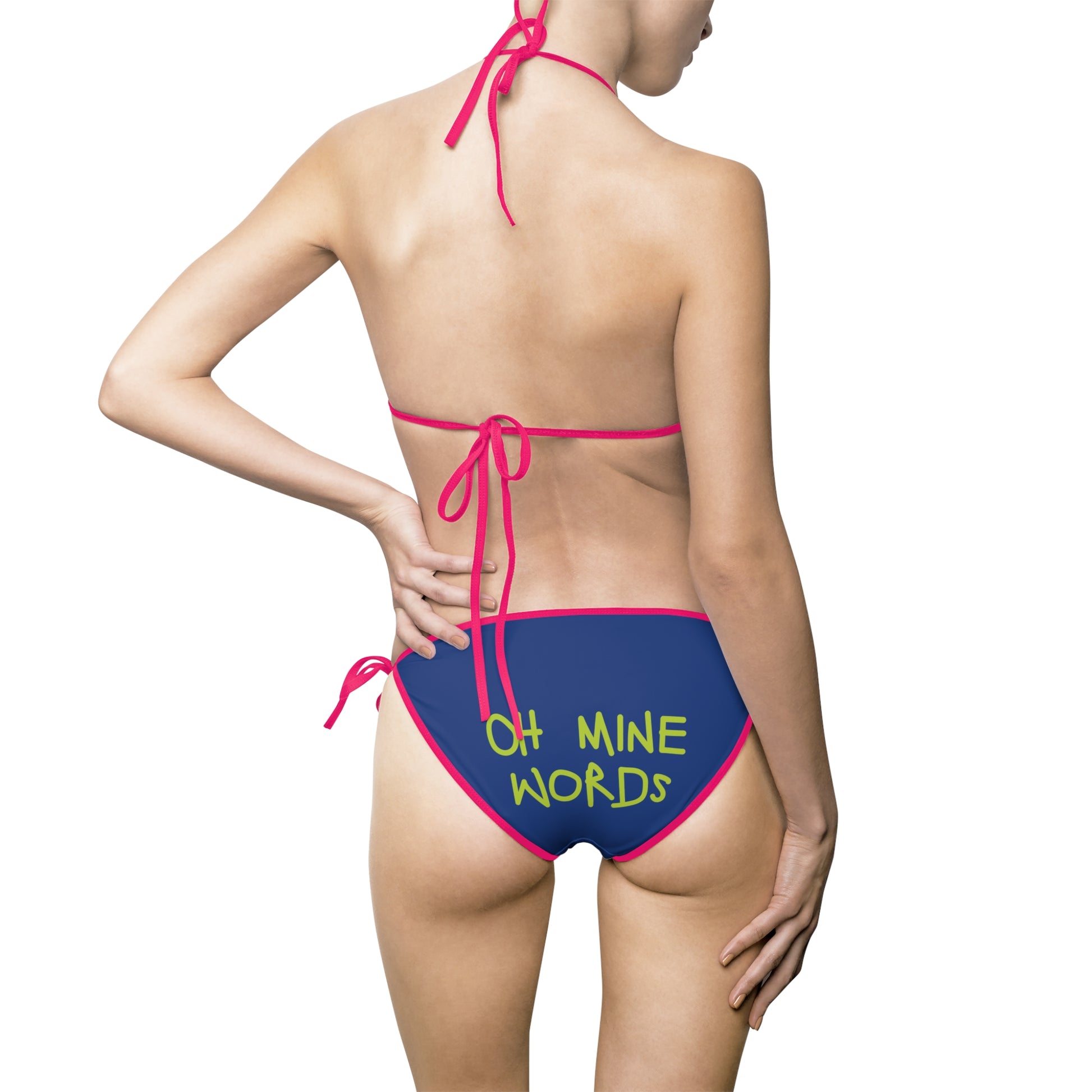A women wearing OMW Navy Blue (Pink Strap) Bikini at back view - All Over Prints Summer Bikini, Unique fashion tops - Oh Mine Words/ OMW OG! Collection