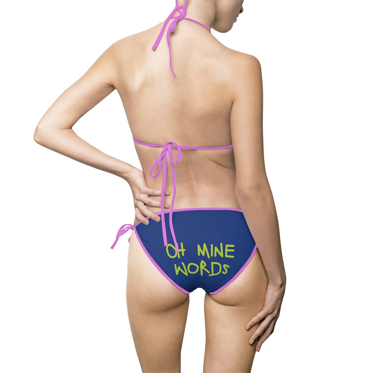A women wearing OMW Navy Blue (Purple Strap) Bikini at back view - All Over Prints Summer Bikini, Unique fashion tops - Oh Mine Words/ OMW OG! Collection