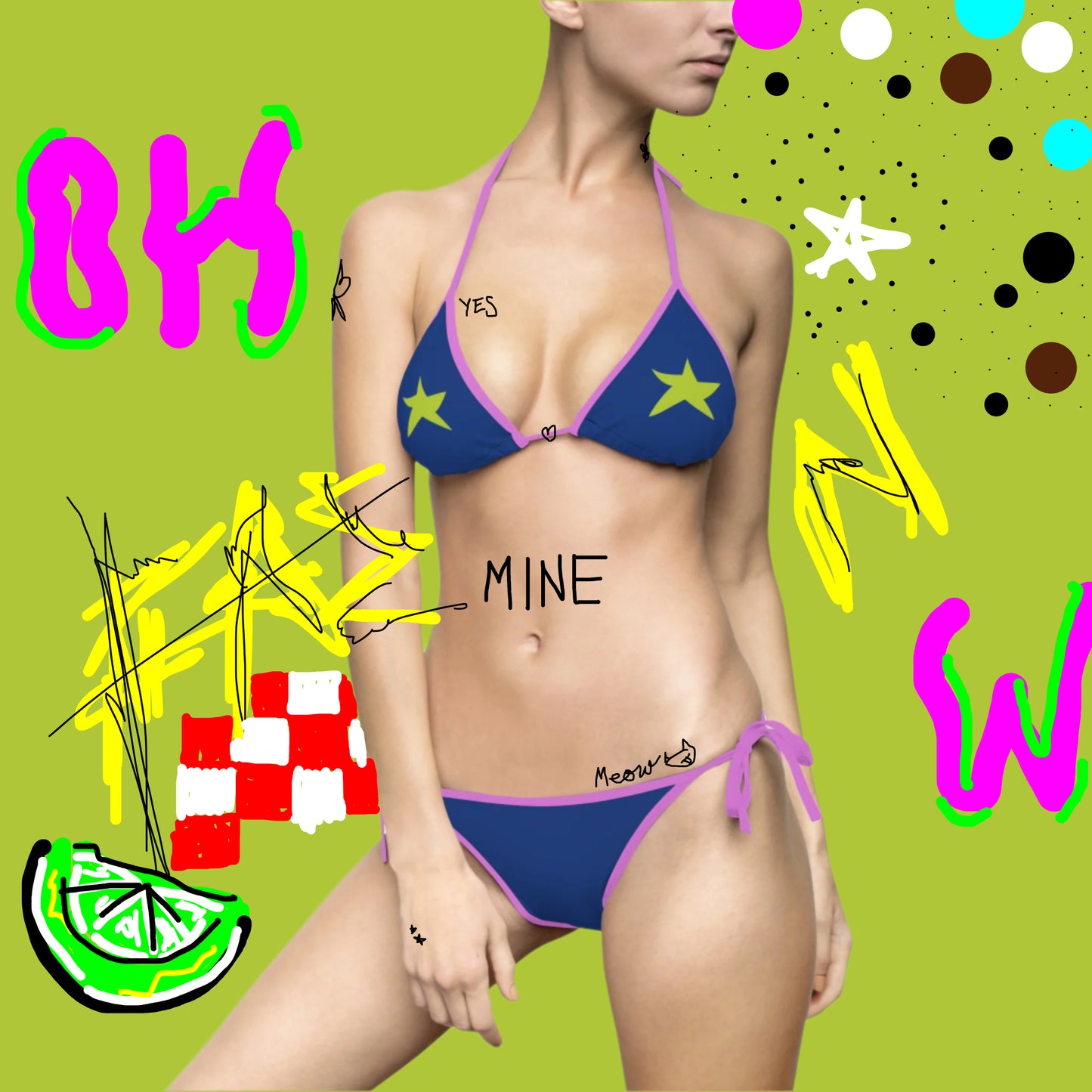 A women wearing OMW Navy Blue (Purple Strap) Bikini at front view - All Over Prints Summer Bikini, Unique fashion tops - Oh Mine Words/ OMW OG! Collection