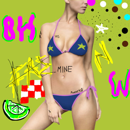A women wearing OMW Navy Blue (Purple Strap) Bikini at front view - All Over Prints Summer Bikini, Unique fashion tops - Oh Mine Words/ OMW OG! Collection