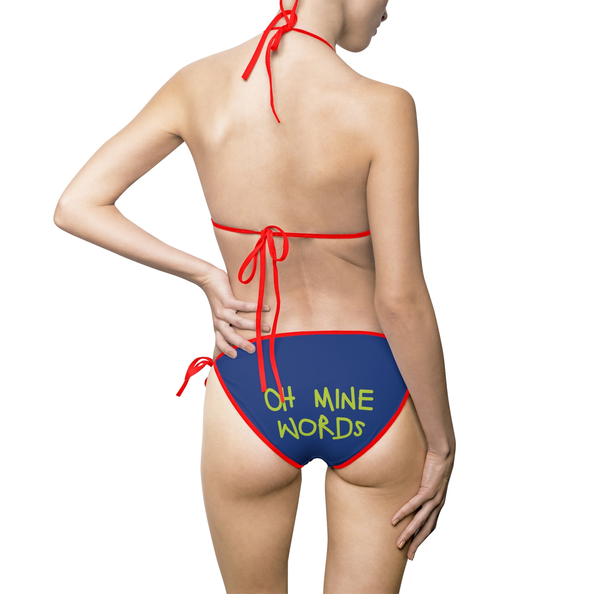 A women wearing OMW Navy Blue (Red Strap) Bikini at back view - All Over Prints Summer Bikini, Unique fashion tops - Oh Mine Words/ OMW OG! Collection
