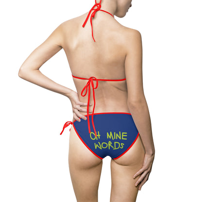 A women wearing OMW Navy Blue (Red Strap) Bikini at back view - All Over Prints Summer Bikini, Unique fashion tops - Oh Mine Words/ OMW OG! Collection