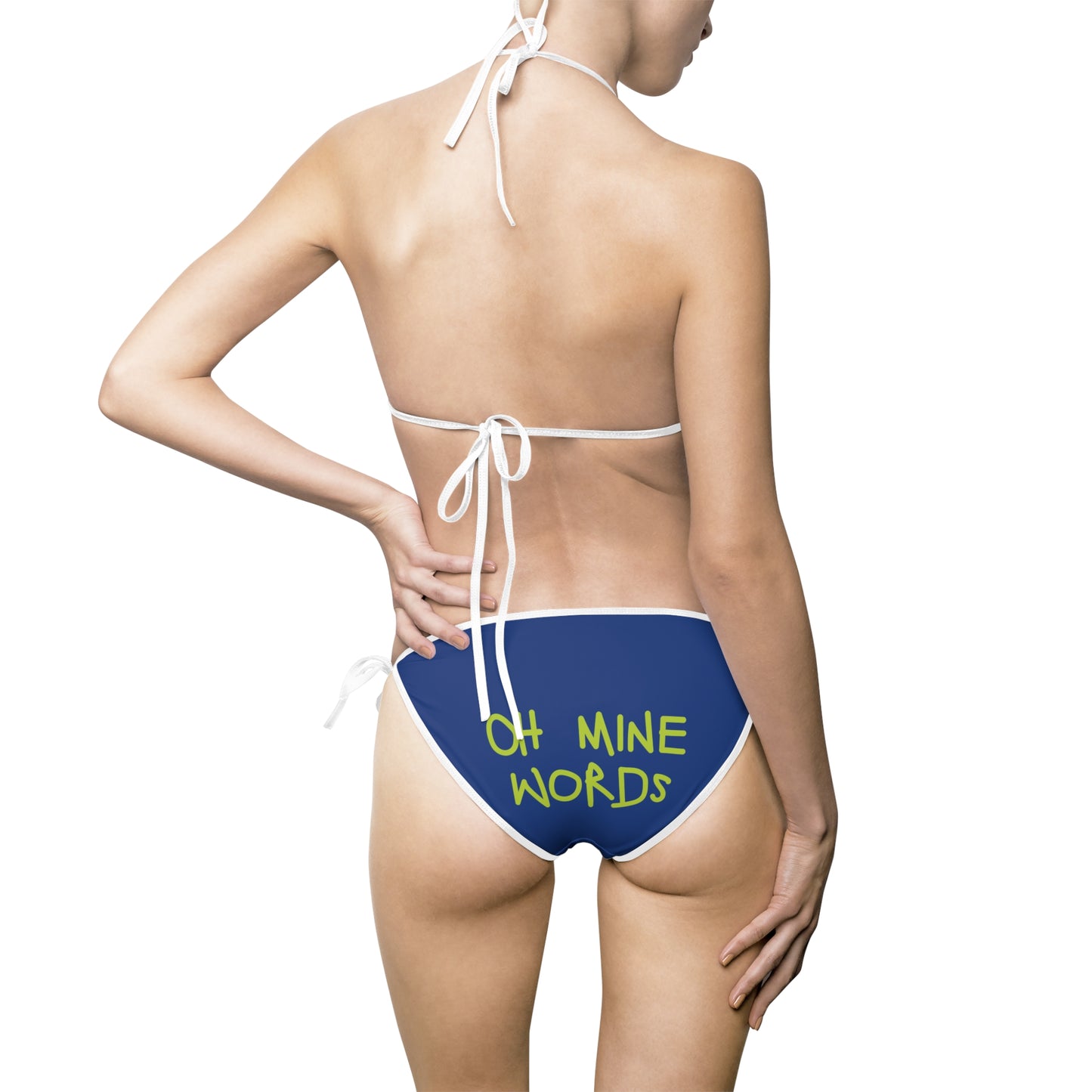 A women wearing OMW Navy Blue (White Strap) Bikini at back view - All Over Prints Summer Bikini, Unique fashion tops - Oh Mine Words/ OMW OG! Collection
