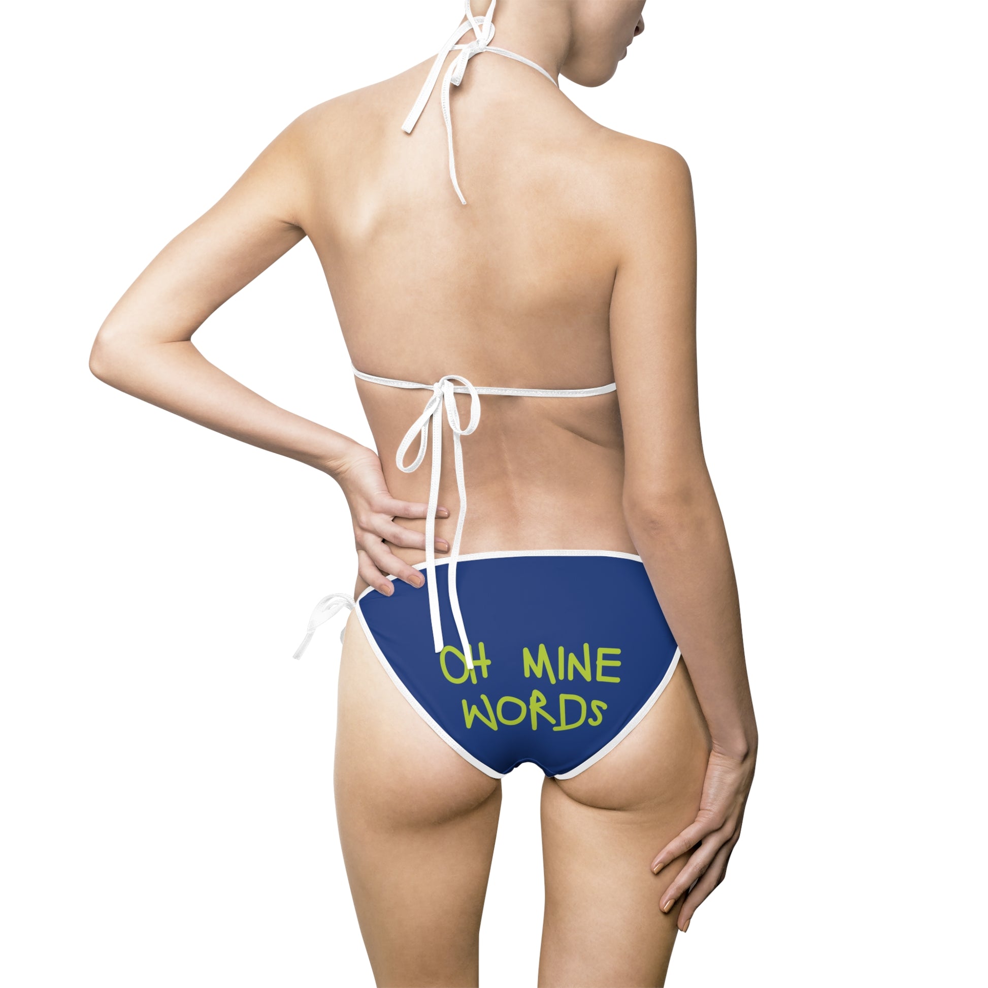 A women wearing OMW Navy Blue (White Strap) Bikini at back view - All Over Prints Summer Bikini, Unique fashion tops - Oh Mine Words/ OMW OG! Collection