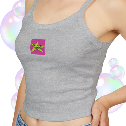 A women wearing OMW Spaghetti Strap shade Athletic Heather (Grey) at close-up front view - OMW OG! Collection - Oh Mine Words Branding Apparel - Unique fashion tops - Star design perfect for everyone-everywhere/ casual, cool, chic, chill and summer. 