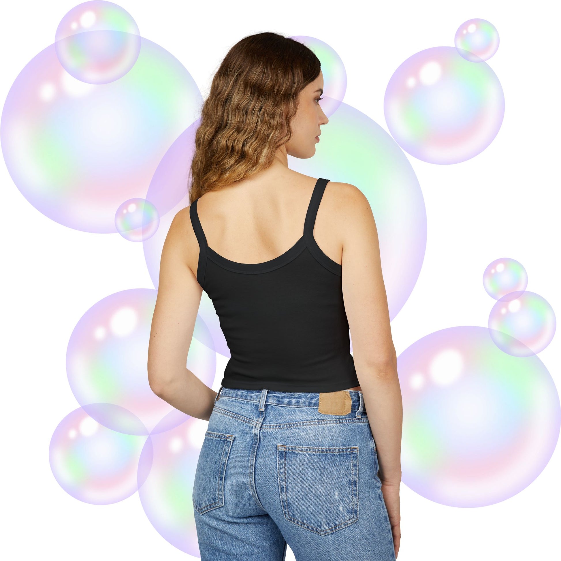 A women wearing OMW Spaghetti Strap shade Solid Black Blend at back view - OMW OG! Collection - Oh Mine Words Branding Apparel - Unique fashion tops - Star design perfect for everyone-everywhere/ casual, cool, chic, chill and summer.