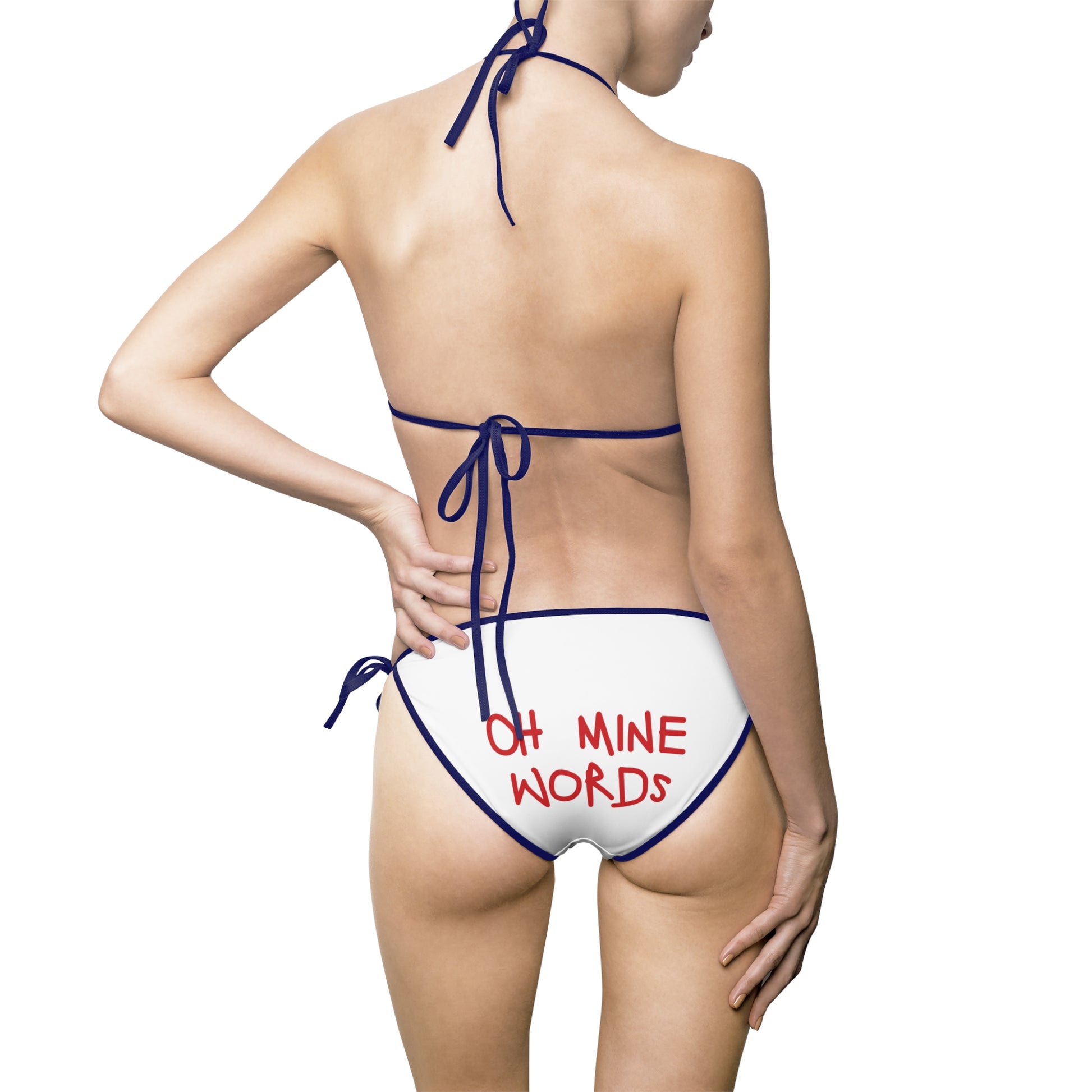 A women wearing OMW White (Navy Strap) Bikini at back view - All Over Prints Summer Bikini, Unique fashion tops - Oh Mine Words/ OMW OG! Collection