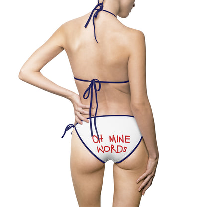A women wearing OMW White (Navy Strap) Bikini at back view - All Over Prints Summer Bikini, Unique fashion tops - Oh Mine Words/ OMW OG! Collection