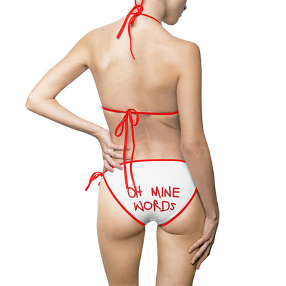 A women wearing OMW White (Red Strap) Bikini at back view - All Over Prints Summer Bikini, Unique fashion tops - Oh Mine Words/ OMW OG! Collection