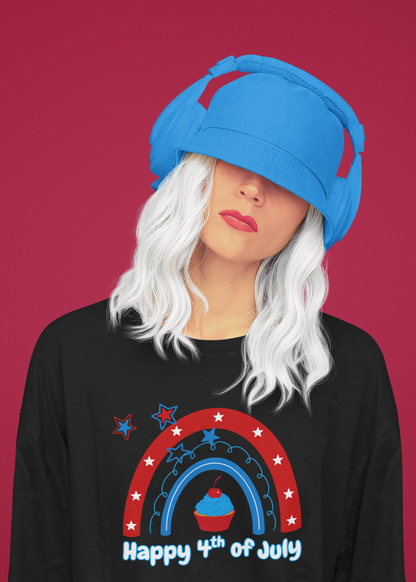 A women wearing Unisex Oversized "Mini Cupcake of July" Black T-shirt at Close-up Front View - Unique Fashion Tops, Design for 4th of July, Front and Back Print - Oh Mine Words.