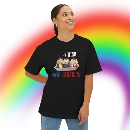 A women wearing Unisex Oversized "Sundae of July" Black T-shirt at Front view - Unique Fashion Tops, 4th of July Graphic, Front and Back Print - Oh Mine Words.