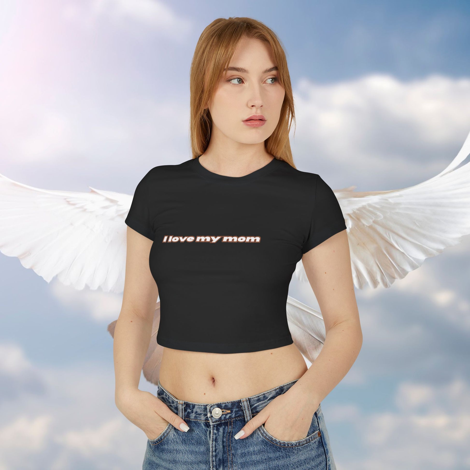 A women wearing black "I Love My Mom Baby Tee (Basic)"/ crop top/ slim fit tee at front view - Unique fashion tops for casual wear and Mother's day - Minimal Y2k style - Front and Back printed T-shirt - Oh Mine Words