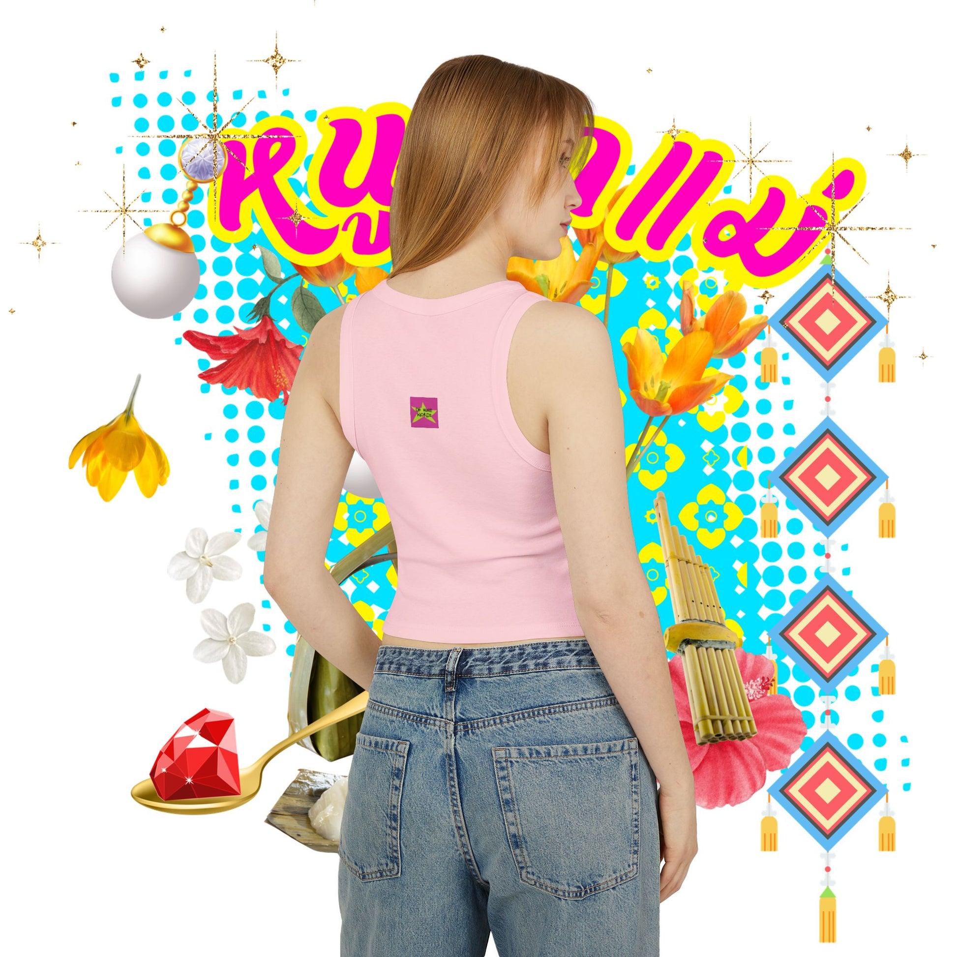 A women wearing solid pink blend "Limited Edition หนูรักแม่ (Weave Style-03) Micro Rib Racer Tank Top" at back view - Brand logo screen - Oh Mine Words - Unique fashion tops - Thai culture inspired, exotic design, standout, chic and cool. Perfect for everyday casual, summer and Mother's day. Front and back printed.
