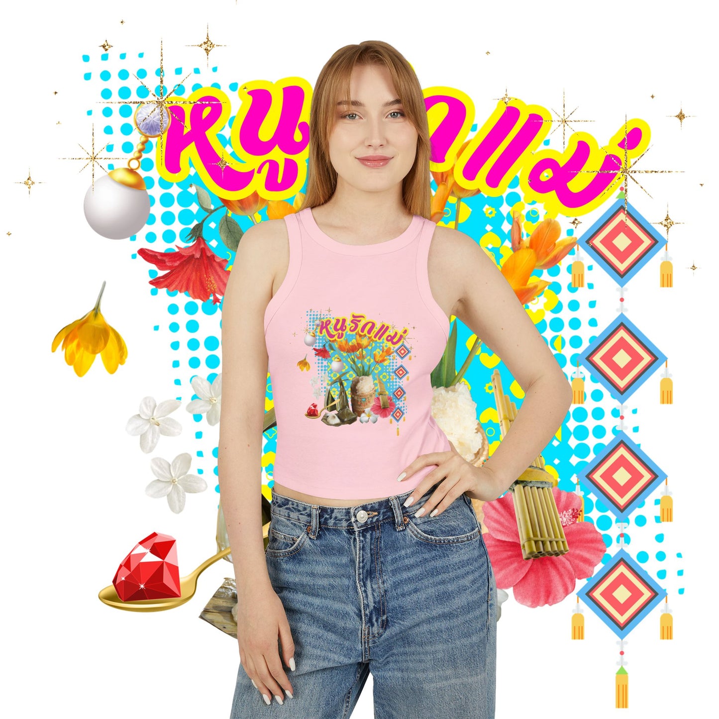 A women wearing solid pink blend "Limited Edition หนูรักแม่ (Weave Style-03) Micro Rib Racer Tank Top" at front view - Unique fashion tops - Thai culture inspired, exotic design, standout, chic and cool. Perfect for everyday casual, summer and Mother's day. Front and back printed - Oh Mine Words