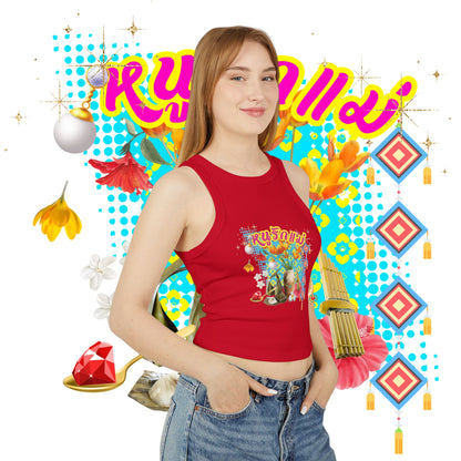 A women wearing solid red blend "Limited Edition หนูรักแม่ (Weave Style-03) Micro Rib Racer Tank Top" at front view - Unique fashion tops - Thai culture inspired, exotic design, standout, chic and cool. Perfect for everyday casual, summer and Mother's day. Front and back printed - Oh Mine Words