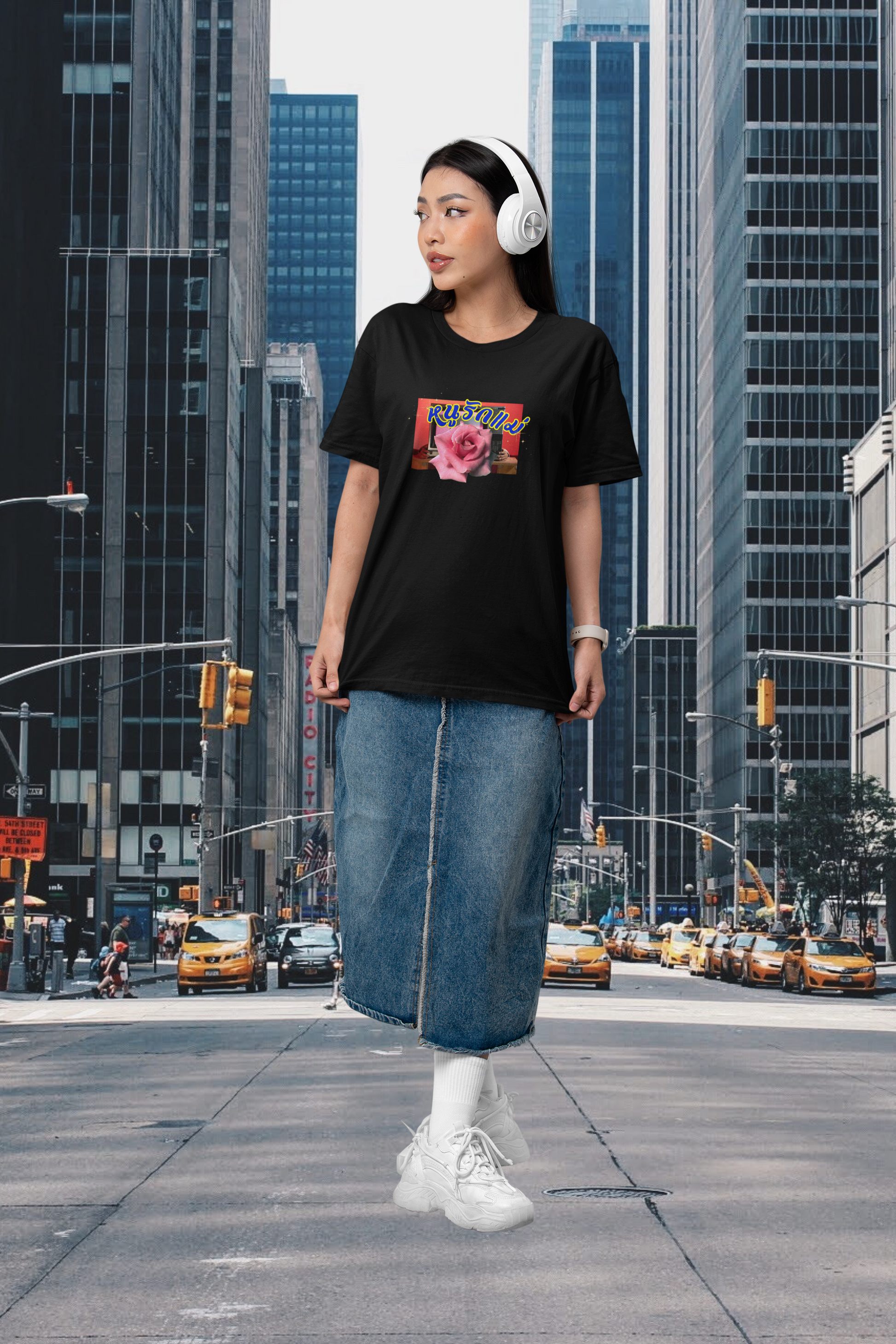 A women wearing unisex oversized "หนูรักแม่ (กุหลาบ) - I Love Mom (Rose)" black t-shirt at front view - unique fashion tops, Thai-twist, y2k, 90's, rose graphic - Mother's Day Tee - Front and Back Print - Oh Mine Words.