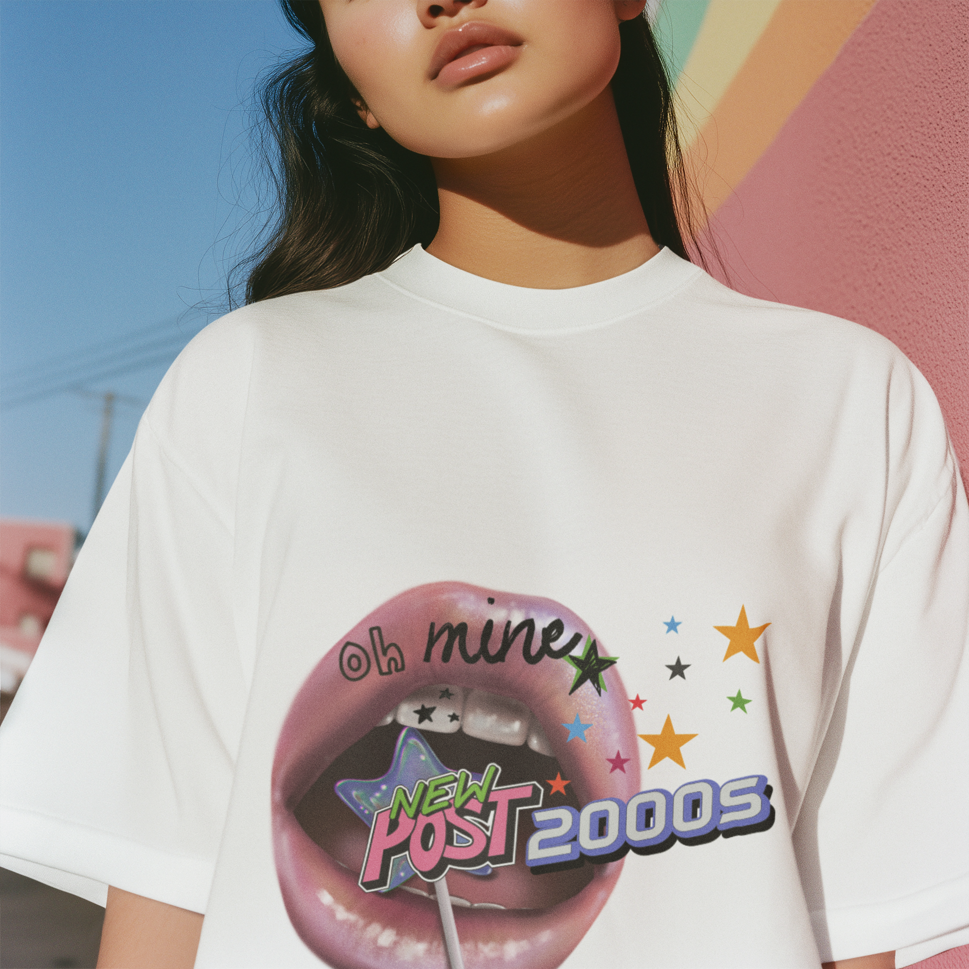 A women wearing unisex oversized "2000s Lip" white t-shirt at close-up front view - Unique Fashion Tops, Y2K, 90s, Old-School style - Front and Back Print - Oh Mine Words.