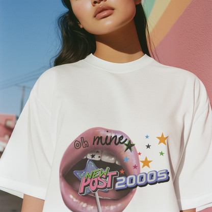 A women wearing unisex oversized "2000s Lip" white t-shirt at close-up front view - Unique Fashion Tops, Y2K, 90s, Old-School style - Front and Back Print - Oh Mine Words.