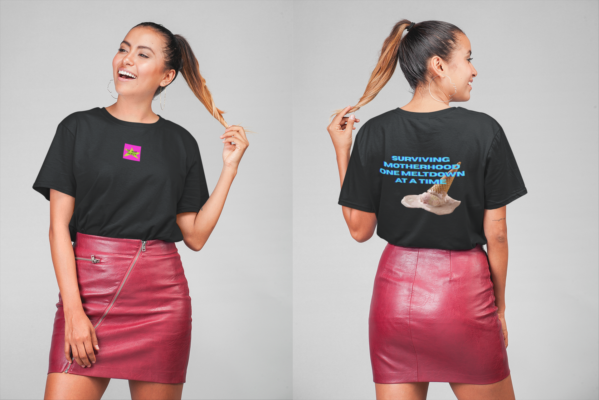 A women wearing unisex oversized "Surviving Motherhood One Meltdown At A Time (Black)" t-shirt - unique fashion tops, funny quote, Ice cream melt down for A Mom and Mother's day - Front and Back Print - Oh Mine Words.