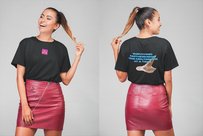 A women wearing unisex oversized "Surviving Motherhood One Meltdown At A Time (Black)" t-shirt - unique fashion tops, funny quote, Ice cream melt down for A Mom and Mother's day - Front and Back Print - Oh Mine Words.