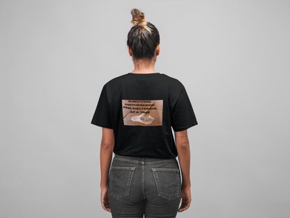 A women wearing unisex oversized "Surviving Motherhood One Meltdown At A Time (Full-Black)" t-shirt at back view - unique fashion tops, funny quote, Ice cream melt down for A Mom and Mother's day - Front and Back Print - Oh Mine Words.