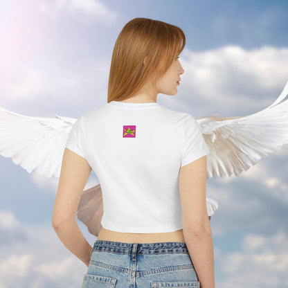 A women wearing white "I Love My Mom Baby Tee (Basic)"/ crop top/ slim fit tee at back view, Brand logo screen - Oh Mine Words - Unique fashion tops for casual wear and Mother's day - Minimal Y2k style - Front and Back printed T-shirt