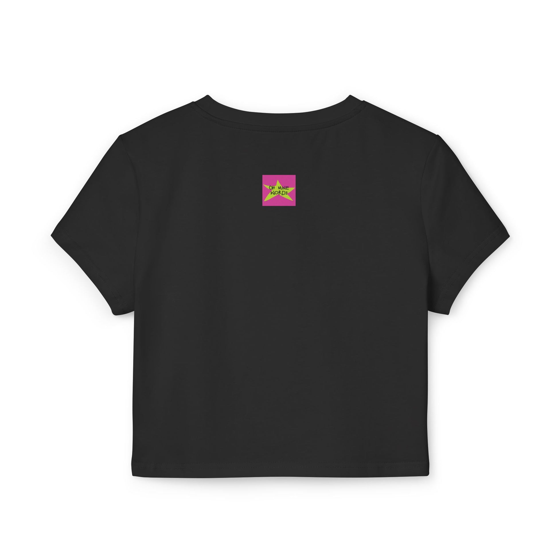 Back view, Brand logo screen - Oh Mine Words, of "หนูรักแม่ เบบี้ที (ดอกกล้วยไม้) - I Love Mom Baby Tee (Orchid)" black baby tee/ crop tops/ tank tops/ slim fit tee - Unique fashion tops for casual wear or Mother's day - Thai twist Y2k style - Front and Back printed T-shirt.
