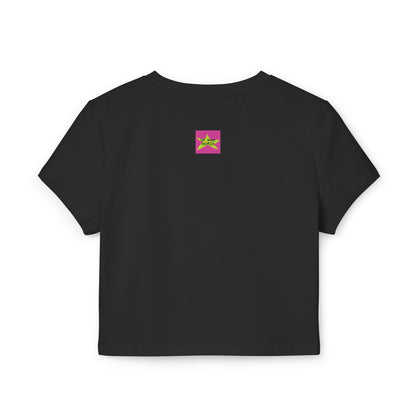 Back view, Brand logo screen - Oh Mine Words, of "หนูรักแม่ เบบี้ที (ดอกกล้วยไม้) - I Love Mom Baby Tee (Orchid)" black baby tee/ crop tops/ tank tops/ slim fit tee - Unique fashion tops for casual wear or Mother's day - Thai twist Y2k style - Front and Back printed T-shirt.