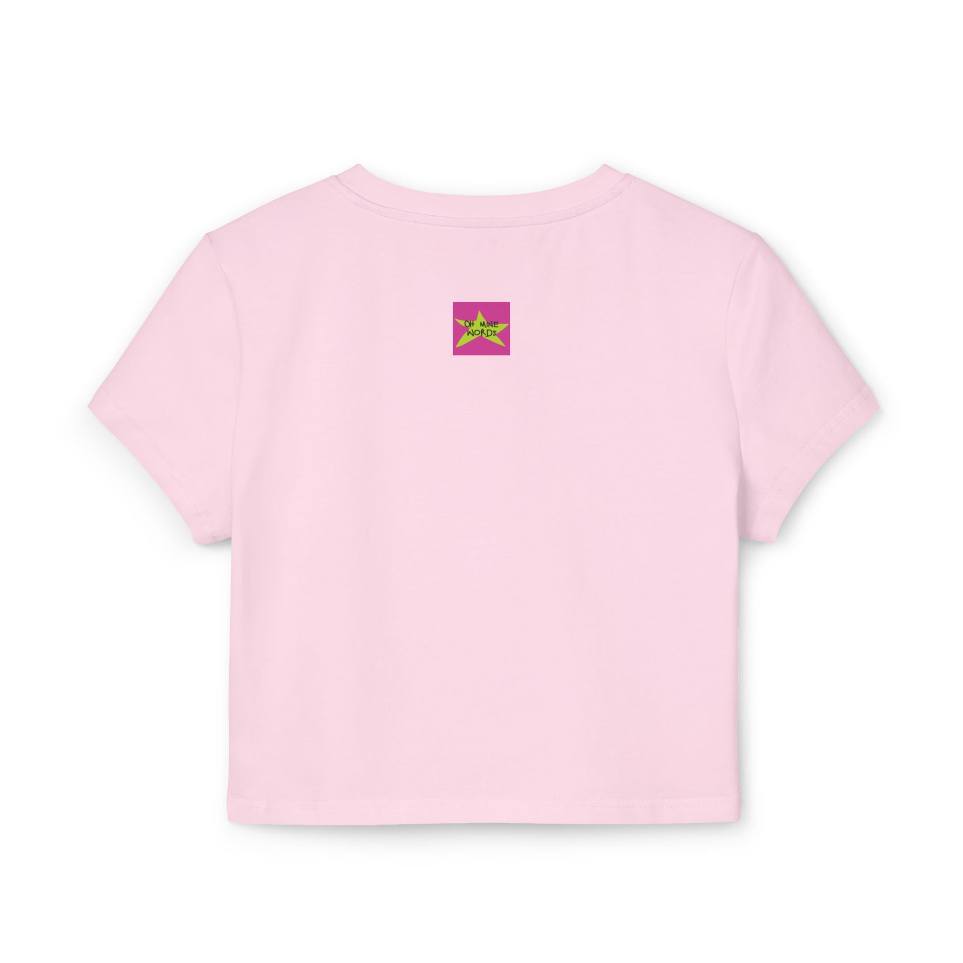 Back view, Brand logo screen - Oh Mine Words, of "รักแม่ เบบี้ที (วงดอกกุหลาบ) - Love Mom Baby Tee (Roses Circle)" light pink baby tee/ crop top/ slim fit tee - Unique fashion tops for casual wear and Mother's day - Thai twist Y2k style - Front and Back printed T-shirt