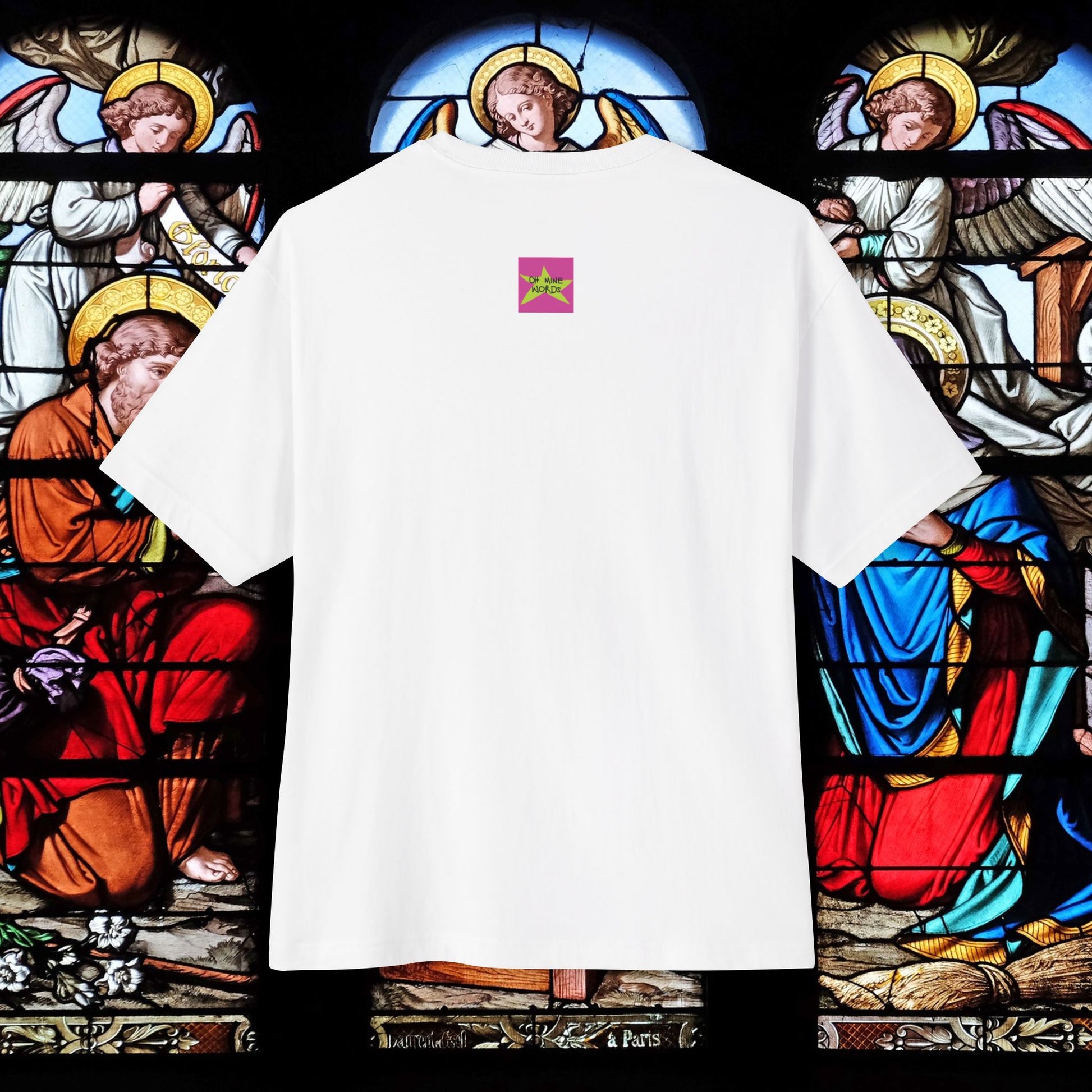 Back view, Brand logo screen - Oh Mine Words, of "Curvyvivi" unisex oversized white T-shirt - Unique fashion tops, Artistic and standout perfect for Teens. Front and Back printed