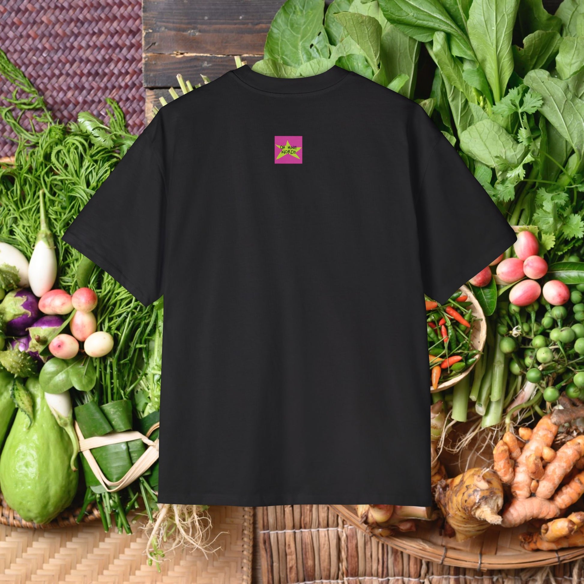 Back view, Brand logo screen - Oh Mine Words, of "Limited Edition "I Love My Mom" (Style-03) Oversized Tee" unisex black t-shirt - Unique fashion tops - Thai culture inspired, exotic design, standout, chic and cool. Perfect for everyday casual, summer and Mother's day. Front and back printed.
