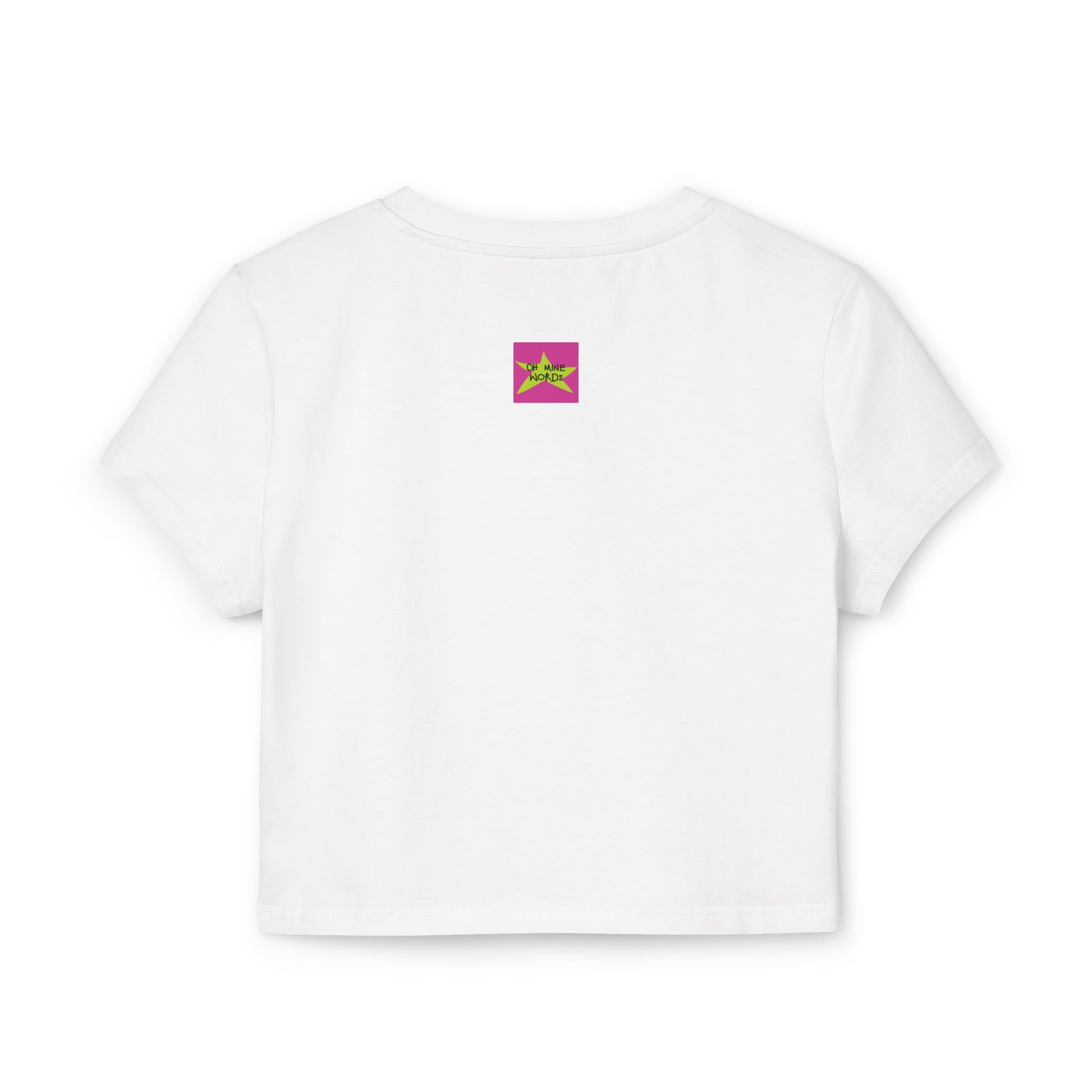 Back view, Brand logo screen - Oh Mine Words, of "Limited Edition หนูรักแม่ (Style-07) Baby Tee" slim fit white tee - Unique fashion tops - Thai culture inspired, exotic design, standout, chic and cool. Perfect for everyday casual, summer and Mother's day. Front and back printed.