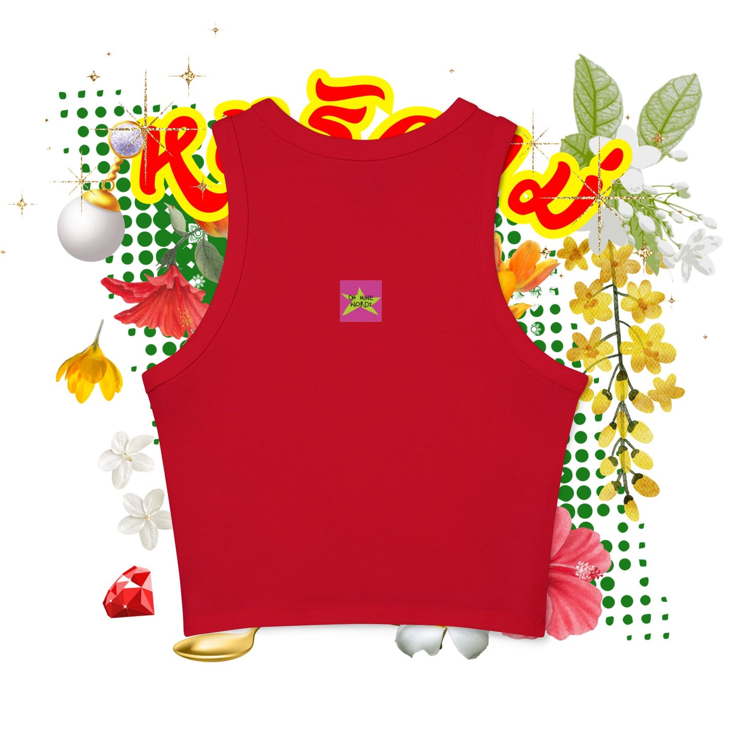 Back view, Brand logo screen - Oh Mine Words, of "Limited Edition หนูรักแม่ (Weave Style-07) Micro Rib Racer Tank Top" solid red blend Tank Top - Unique fashion tops - Thai culture inspired, exotic design, standout, chic and cool. Perfect for everyday casual, summer and Mother's day. Front and back printed.