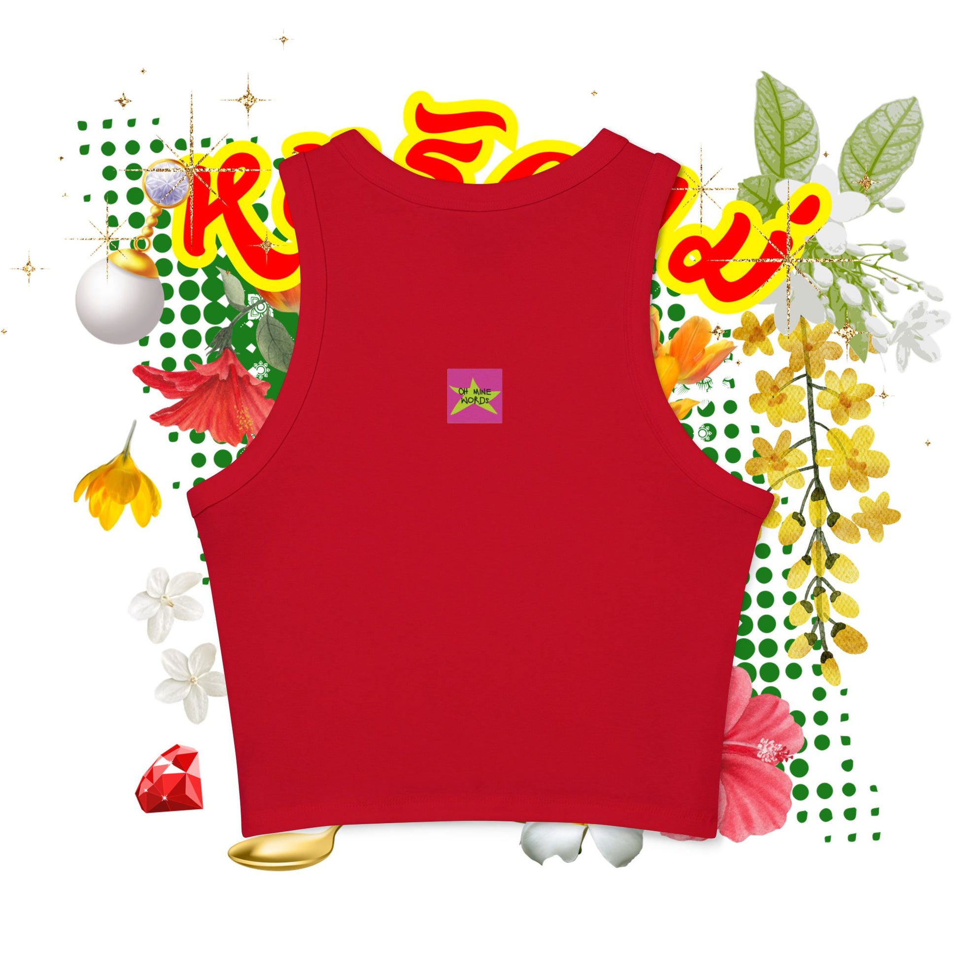 Back view, Brand logo screen - Oh Mine Words, of "Limited Edition หนูรักแม่ (Weave Style-07) Micro Rib Racer Tank Top" solid red blend Tank Top - Unique fashion tops - Thai culture inspired, exotic design, standout, chic and cool. Perfect for everyday casual, summer and Mother's day. Front and back printed.