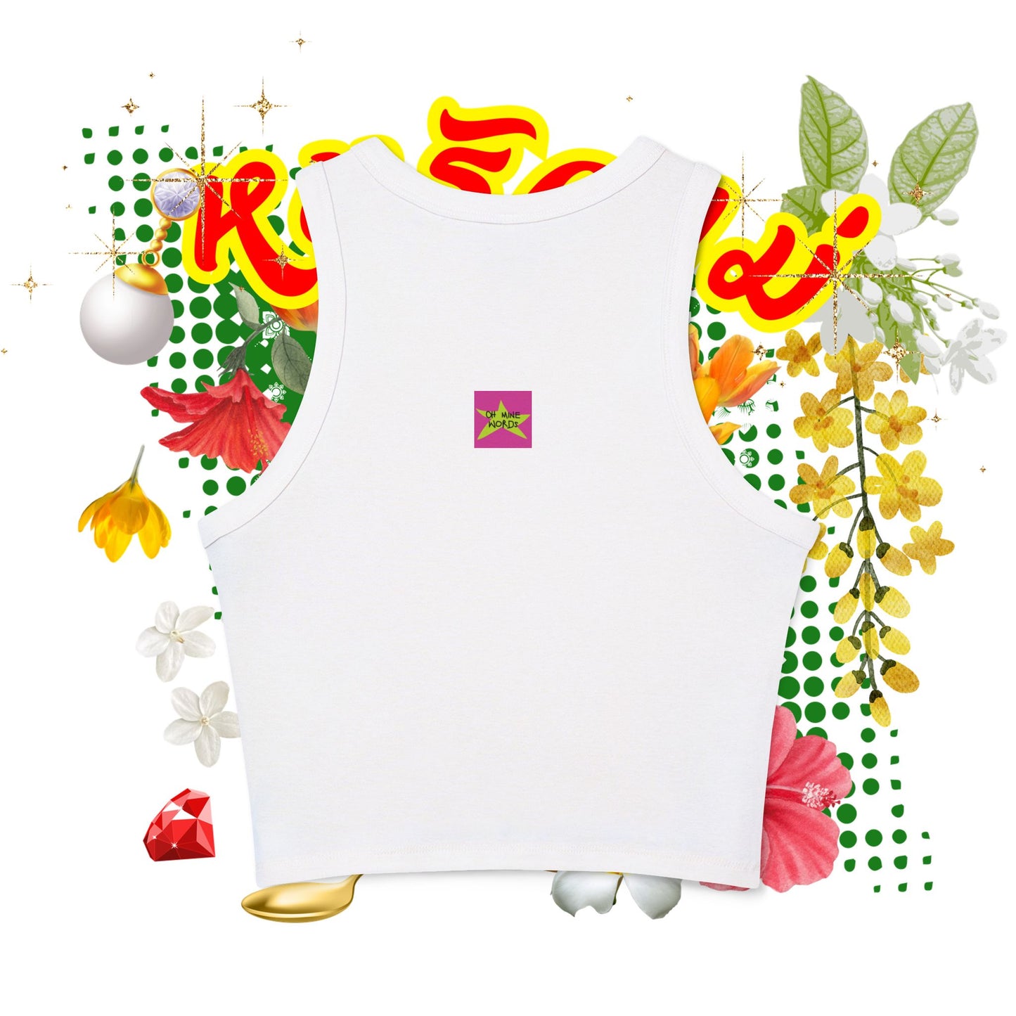 Back view, Brand logo screen - Oh Mine Words, of "Limited Edition หนูรักแม่ (Weave Style-07) Micro Rib Racer Tank Top" white Tank Top - Unique fashion tops - Thai culture inspired, exotic design, standout, chic and cool. Perfect for everyday casual, summer and Mother's day. Front and back printed.