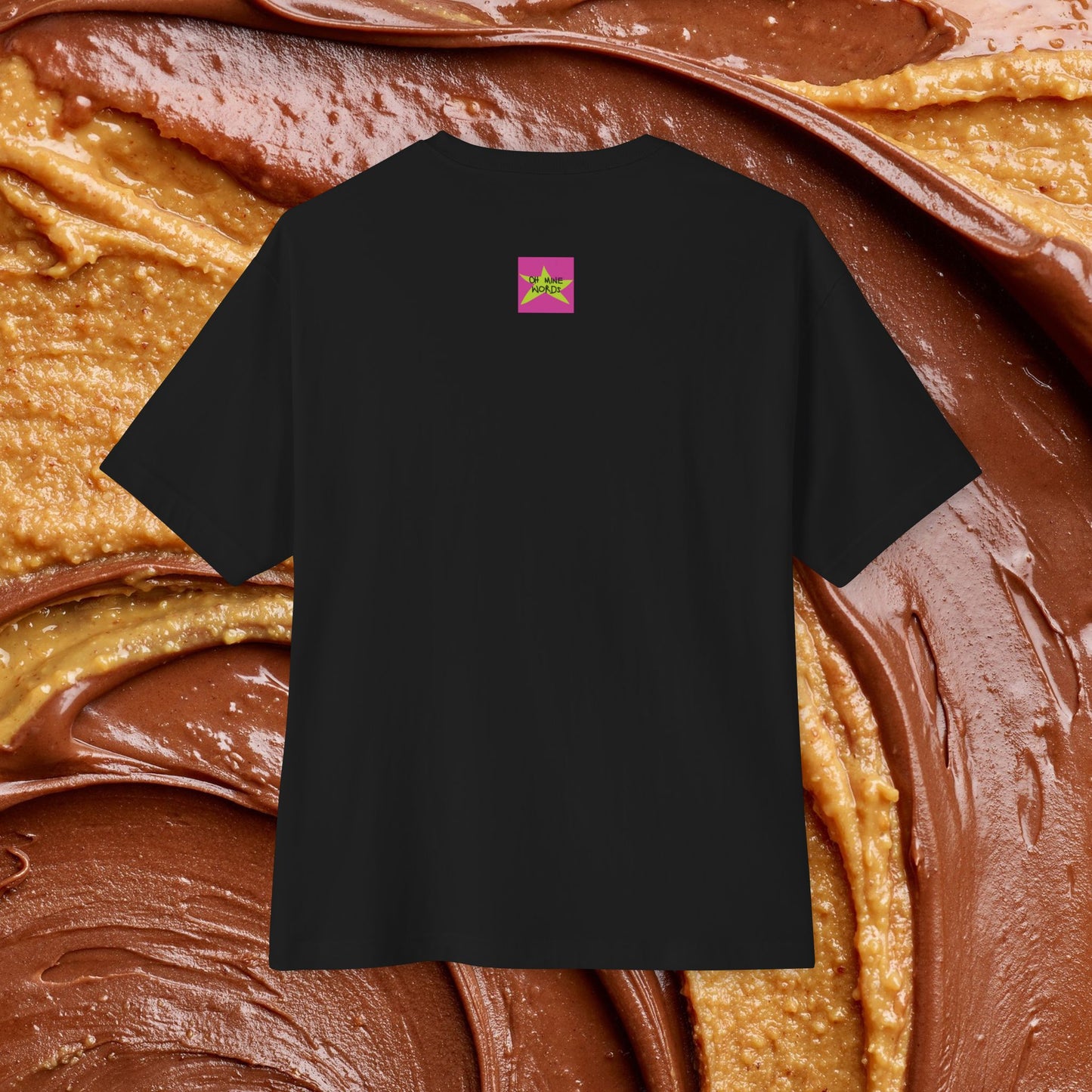 Back view, Brand logo screen - Oh Mine Words, of "Million Dollars Worth of Fun" Unisex Oversized Black Tee. Unique fashion tops - comfy, graphic, funny quote t-shirt for dog lover. Front and back printed