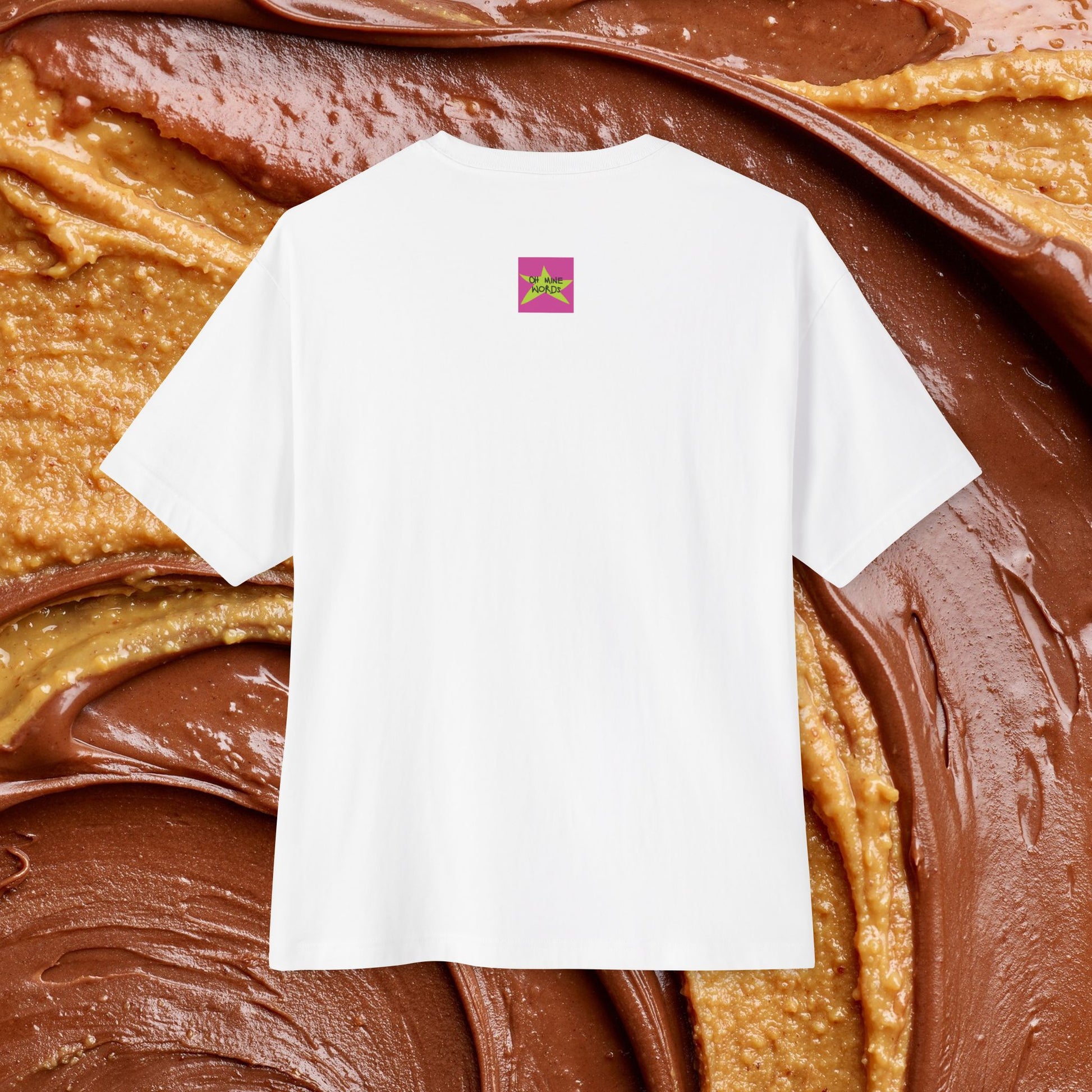 Back view, Brand logo screen - Oh Mine Words, of "Million Dollars Worth of Fun" Unisex Oversized White Tee. Unique fashion tops - comfy, graphic, funny quote t-shirt for dog lover. Front and back printed