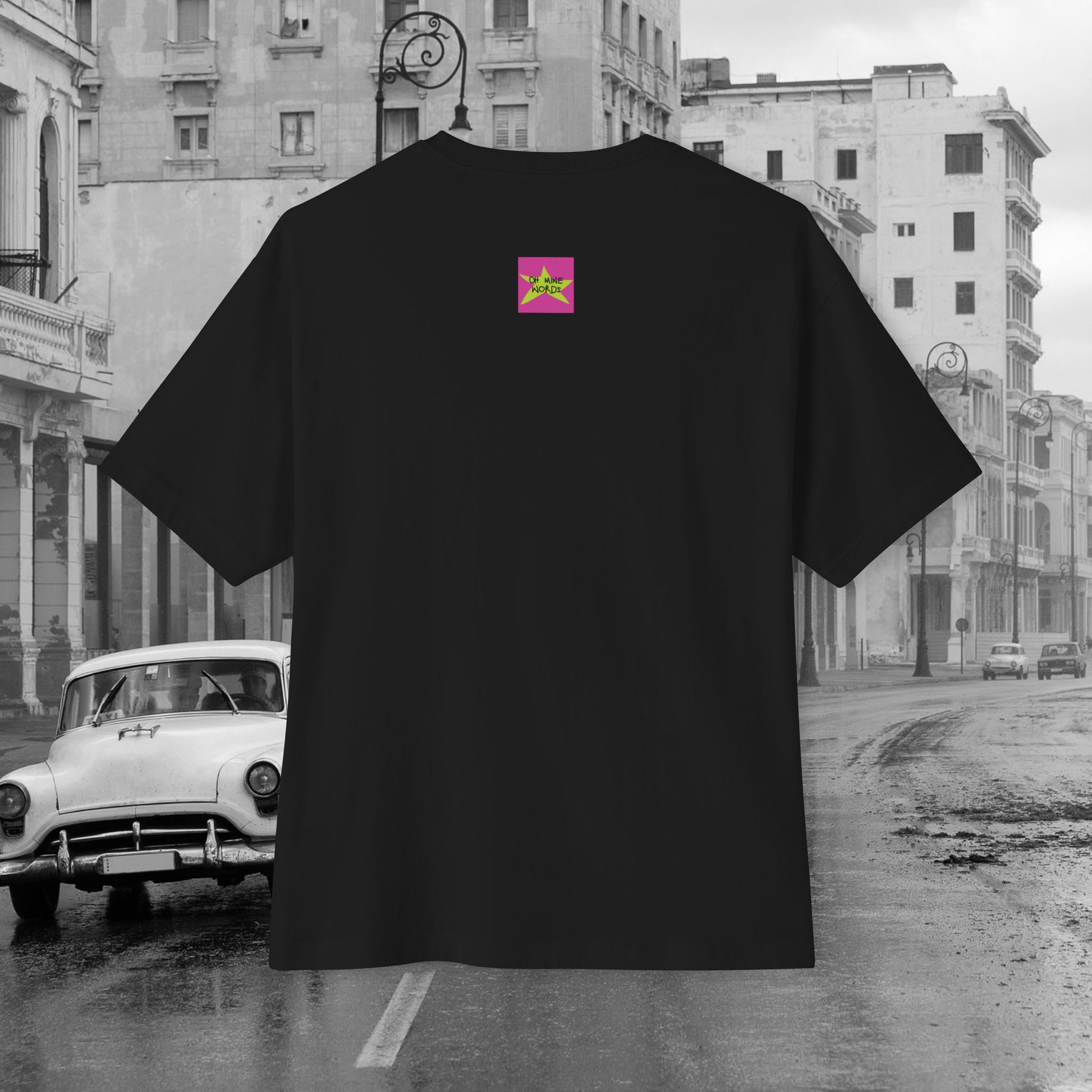 Back view, Brand logo screen - Oh Mine Words, of unisex oversized black "The Fourth" T-shirt for American's 4th of July - Streetwear, Chic, Cool, Unique fashion tops - Front and Back print.
