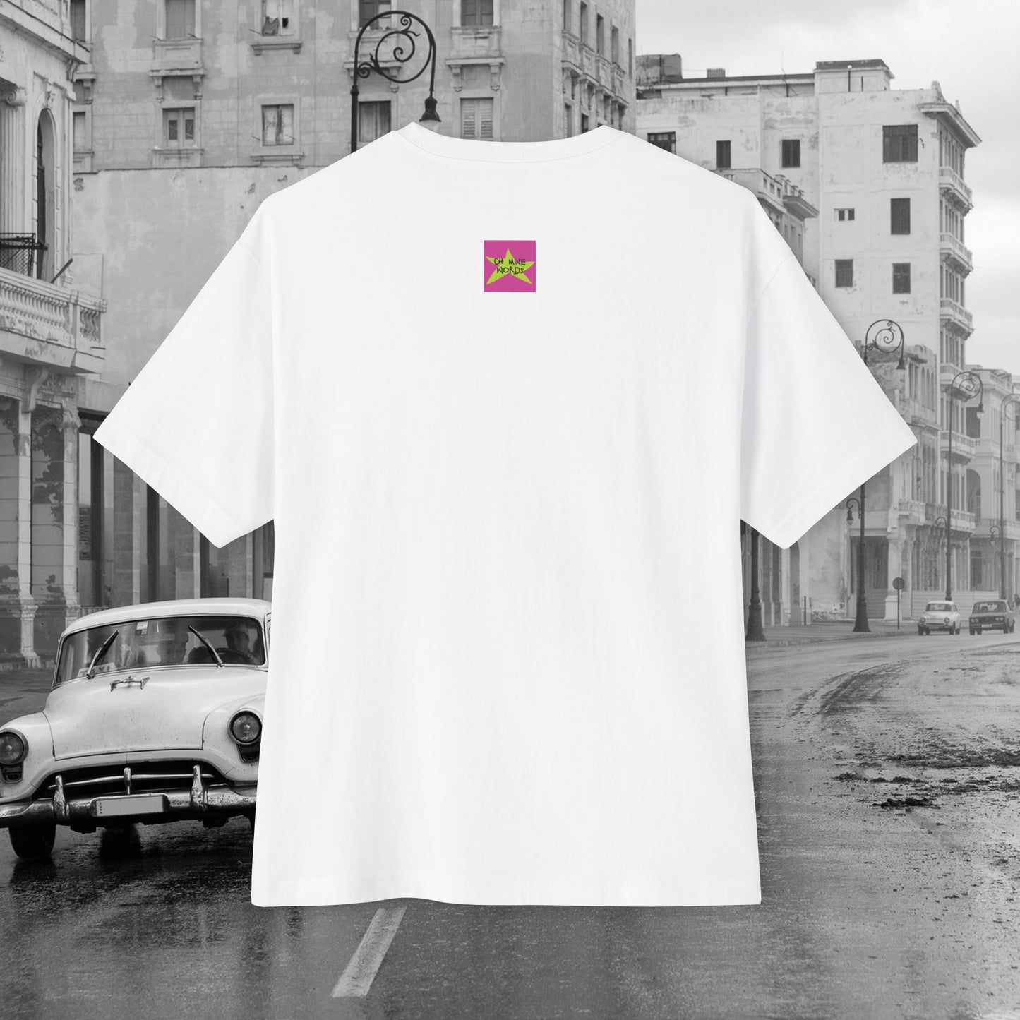 Back view, Brand logo screen - Oh Mine Words, of unisex oversized white "The Fourth" T-shirt for American's 4th of July - Streetwear, Chic, Cool, Unique fashion tops - Front and Back print.