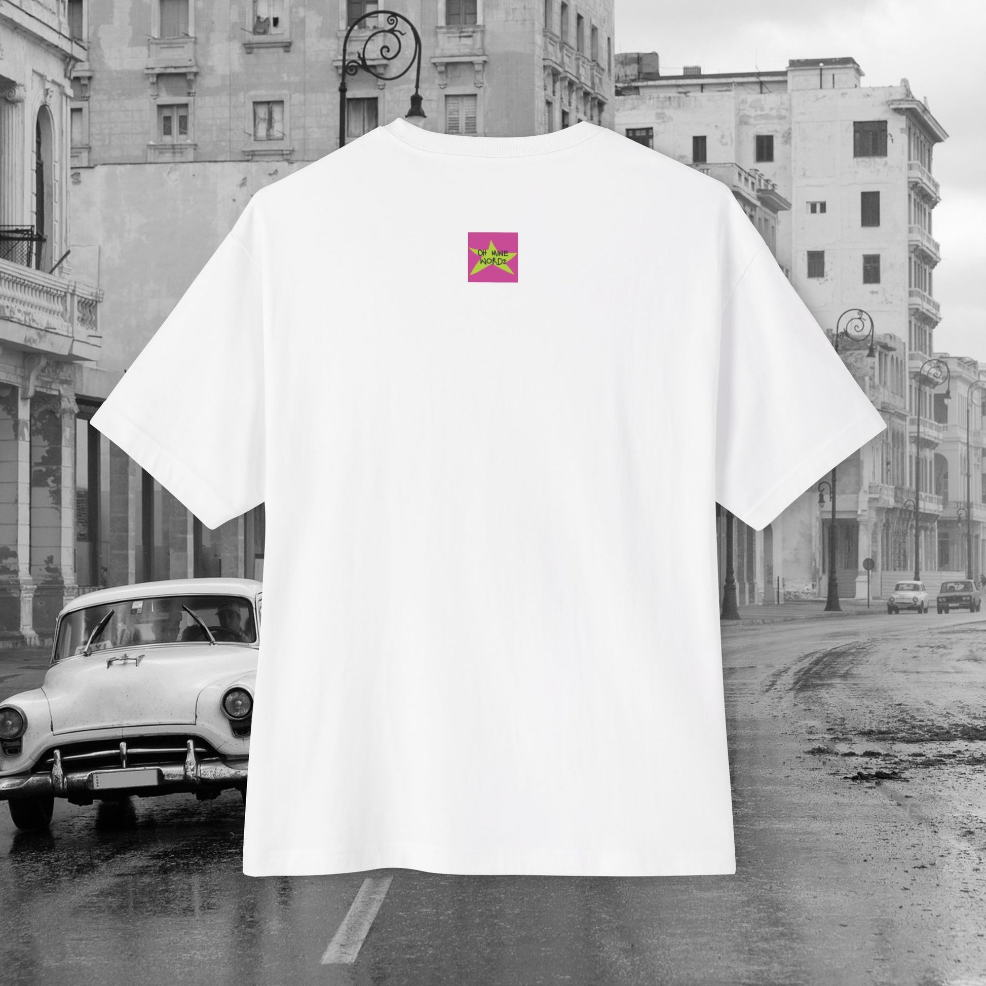 Back view, Brand logo screen - Oh Mine Words, of unisex oversized white "The Fourth" T-shirt for American's 4th of July - Streetwear, Chic, Cool, Unique fashion tops - Front and Back print.