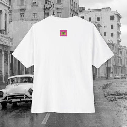 Back view, Brand logo screen - Oh Mine Words, of unisex oversized white "The Fourth" T-shirt for American's 4th of July - Streetwear, Chic, Cool, Unique fashion tops - Front and Back print.
