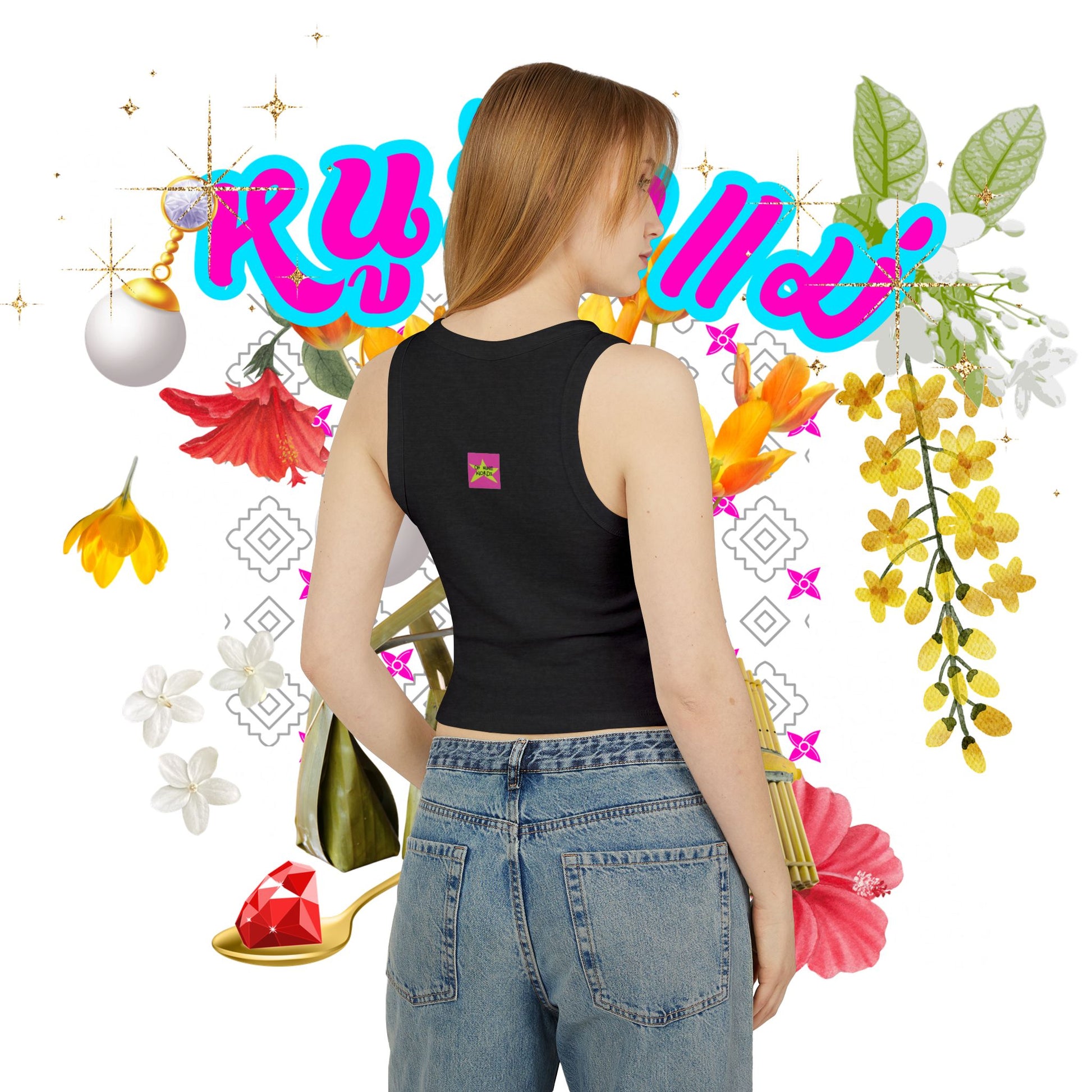 Back view, Brand logo screen - Oh Mine Words, of women wearing "Limited Edition หนูรักแม่ (Weave Style-13) Micro Rib Racer Tank Top" black tank top - Unique fashion tops - Thai culture inspired, exotic design, standout, chic and cool. Perfect for everyday casual, summer and Mother's day. Front and back printed.