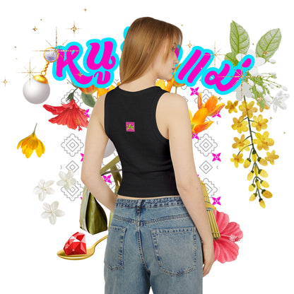 Back view, Brand logo screen - Oh Mine Words, of women wearing "Limited Edition หนูรักแม่ (Weave Style-13) Micro Rib Racer Tank Top" black tank top - Unique fashion tops - Thai culture inspired, exotic design, standout, chic and cool. Perfect for everyday casual, summer and Mother's day. Front and back printed.