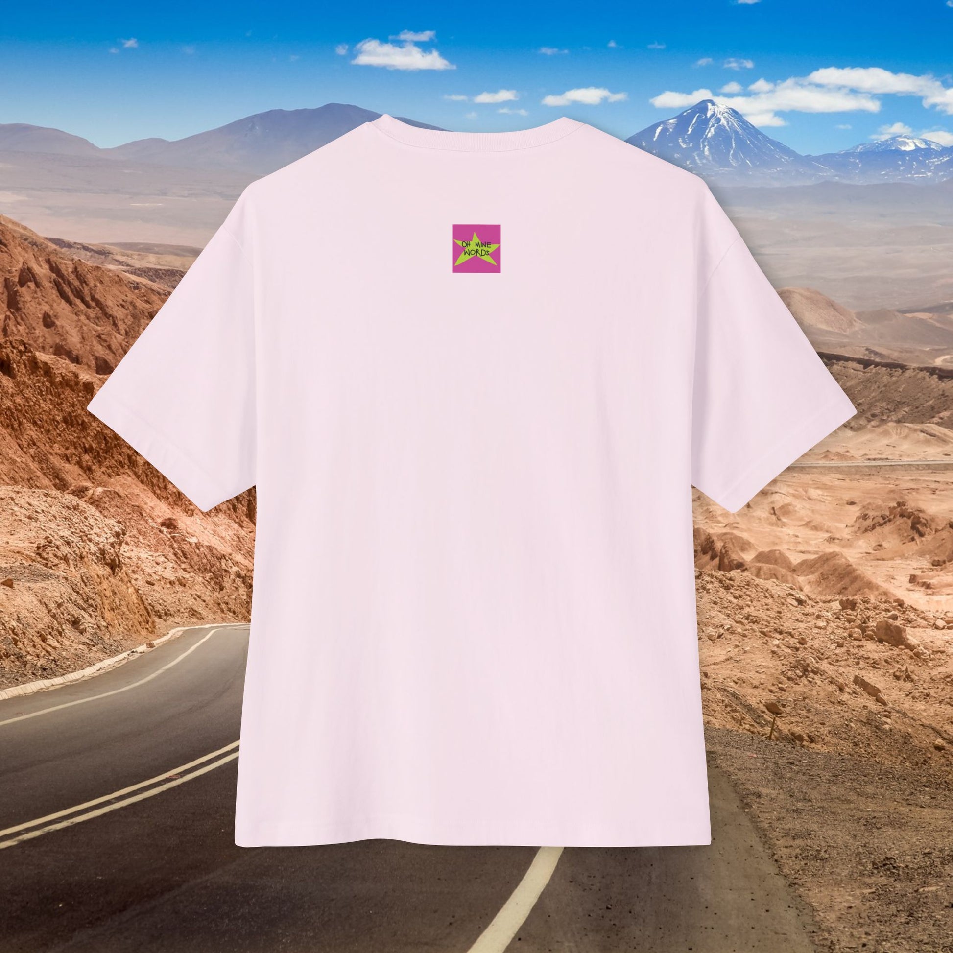 Back view, Oh Mine Words Brand Logo Screen of A Cupcake of America, Unisex Oversized Soft Pink T-shirt for 4th of July – Unique Fashion Tops – Classic and Timeless Design, Cool and Comfortable for every proud American. Front and Back Print – Oh Mine Words