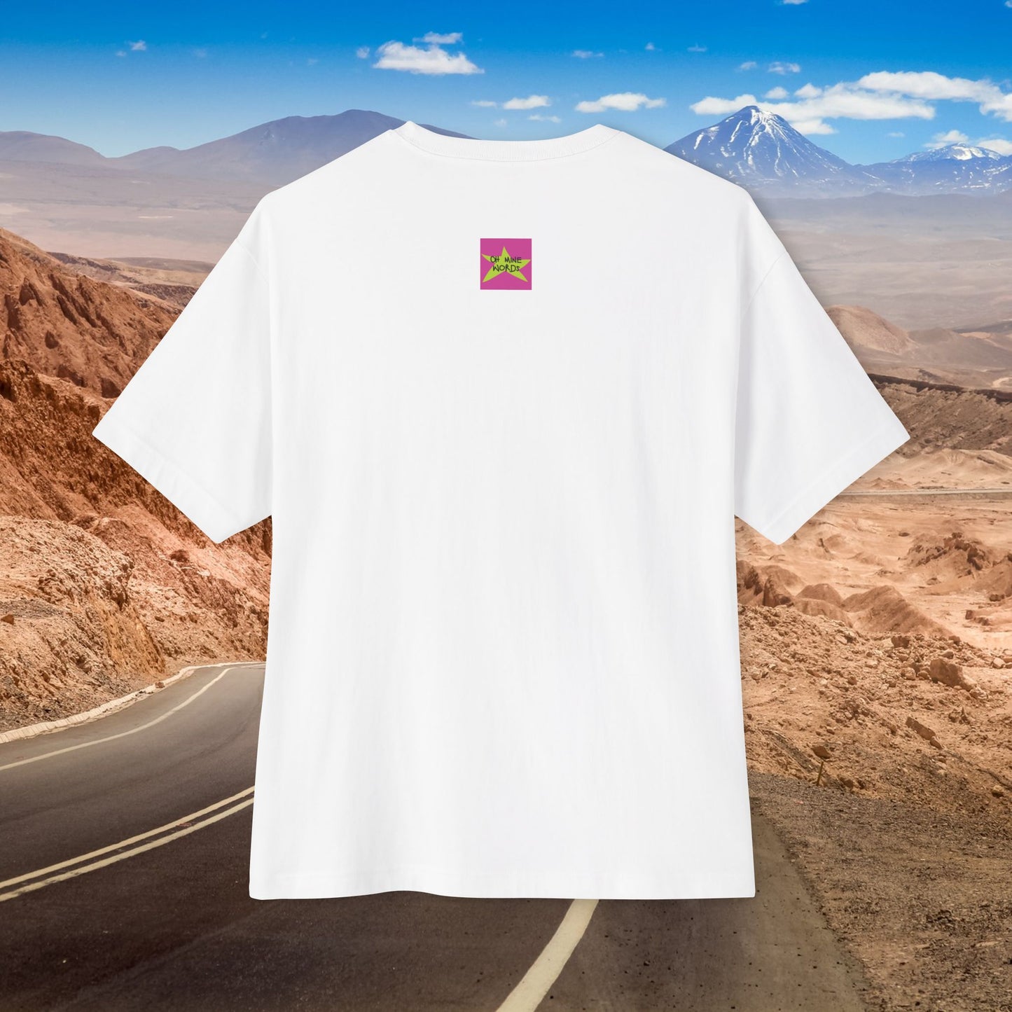Back view, Oh Mine Words Brand Logo Screen of A Cupcake of America, Unisex Oversized White T-shirt for 4th of July – Unique Fashion Tops – Classic and Timeless Design, Cool and Comfortable for every proud American. Front and Back Print – Oh Mine Words