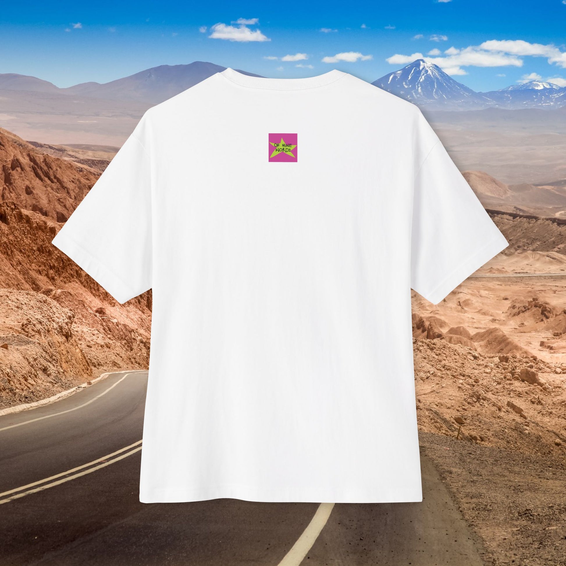 Back view, Oh Mine Words Brand Logo Screen of A Cupcake of America, Unisex Oversized White T-shirt for 4th of July – Unique Fashion Tops – Classic and Timeless Design, Cool and Comfortable for every proud American. Front and Back Print – Oh Mine Words