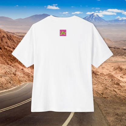 Back view, Oh Mine Words Brand Logo Screen of A Cupcake of America, Unisex Oversized White T-shirt for 4th of July – Unique Fashion Tops – Classic and Timeless Design, Cool and Comfortable for every proud American. Front and Back Print – Oh Mine Words